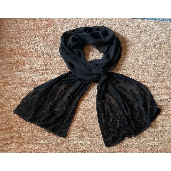 Black 100% Silk Beaded Embroidered Scarf Wrap Shawl Evening Made in India - Picture 1 of 6